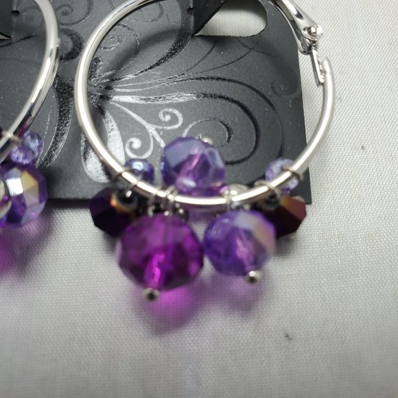 crystal glass beaded cluster hoop earring Amethyst & silver - Picture 4 of 4
